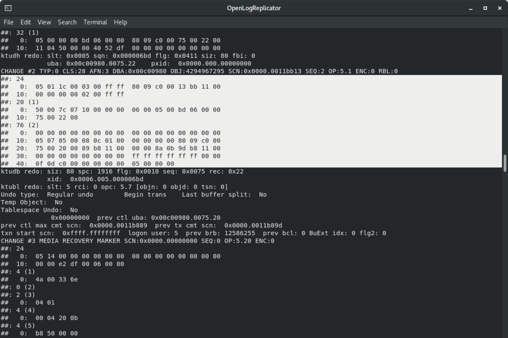 logdump output from OpenLogReplicator