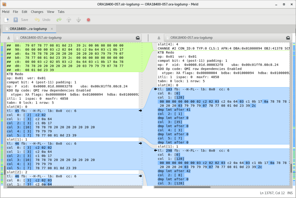 output screen showing errors in output of logdump command and the correct interpretation produced by OpenLogReplicator