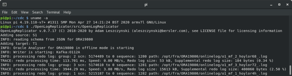 Result of running OpenLogReplicator on Raspberry PI